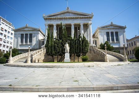 01 October 2018-athens, Greece. The Academy Of Athens, The Athenian Trilogy Consists Of Three Neocla