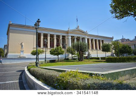 01 October 2018-athens, Greece. The Academy Of Athens, The Athenian Trilogy Consists Of Three Neocla