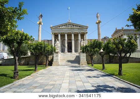 01 October 2018-athens, Greece. The Academy Of Athens, The Athenian Trilogy Consists Of Three Neocla