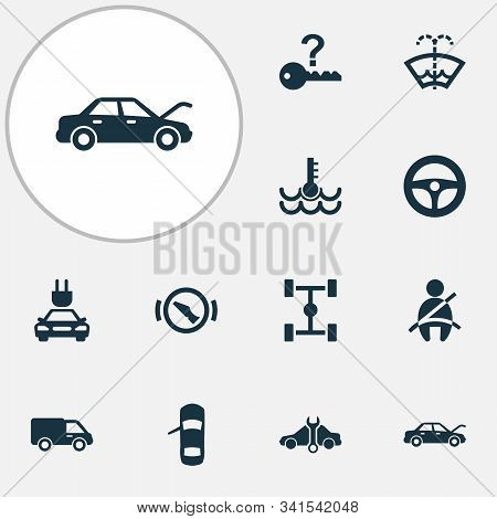 Auto Icons Set With Stop, Chassis, Washer Fluid And Other Repairing Elements. Isolated Illustration 