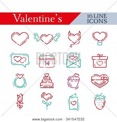 Valentines Icon Set. 16 Line Red Love Icons
