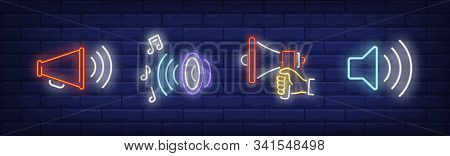 Sound Amplifier Neon Sign Set. Speaker, Loudspeaker, Megaphone. Vector Illustration In Neon Style, B