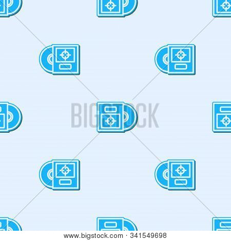 Blue Line Cd Or Dvd Disk In Box Icon Isolated Seamless Pattern On Grey Background. Compact Disc Sign