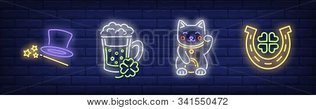 Fortune Symbols Neon Sign Set. Magic Hat, Green Beer, Clover Leaf, Cat, Horseshoe. Vector Illustrati
