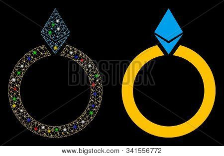 Glowing Mesh Ethereum Jewelry Ring Icon With Glitter Effect. Abstract Illuminated Model Of Ethereum 