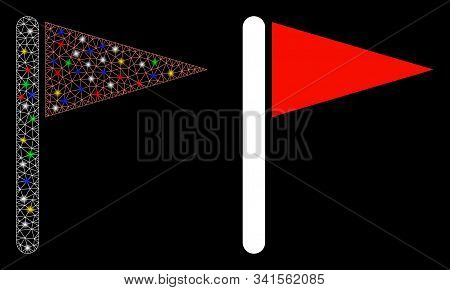 Glossy Mesh Triangle Flag Icon With Sparkle Effect. Abstract Illuminated Model Of Triangle Flag. Shi