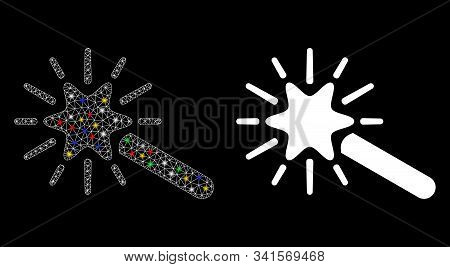 Glossy Mesh Wand Magic Tool Icon With Glitter Effect. Abstract Illuminated Model Of Wand Magic Tool.