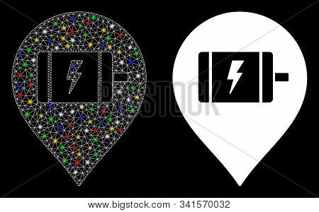 Glossy Mesh Electric Engine Marker Icon With Sparkle Effect. Abstract Illuminated Model Of Electric 