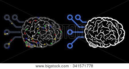 Flare Mesh Brain Computer Interface Icon With Glow Effect. Abstract Illuminated Model Of Brain Compu