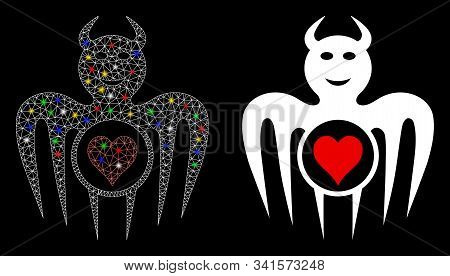 Glowing Mesh Gambling Happy Devil Icon With Lightspot Effect. Abstract Illuminated Model Of Gambling
