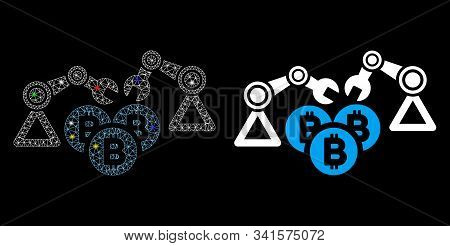 Glowing Mesh Bitcoin Mining Robotics Icon With Glare Effect. Abstract Illuminated Model Of Bitcoin M