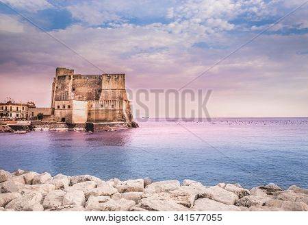 Castel Dellovo In Naples Italy Picturesque View With Seascape On Summer Day.