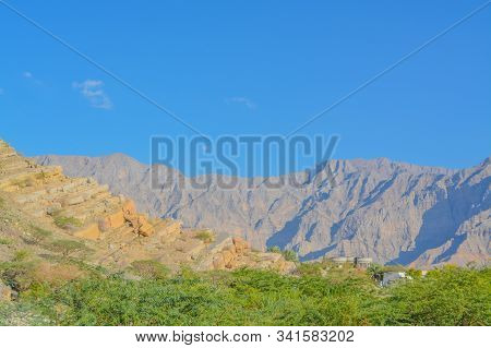 The Hajar Mountains South Of Ras Al Khaimah. Near The Border Of Oman In United Arab Emirates.