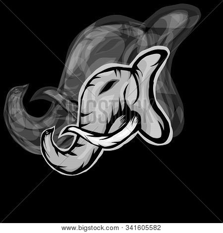 Simple Illustration Of Head Elephant With Silhouette On Black Background