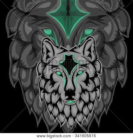 Design Illustration Of Head Wolf With Silhouette Wolf On Black Background