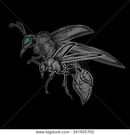 Simple Illustration Of Wasp With Silhouette Wasp On Black Background.