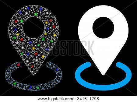 Glossy Mesh Geo Targeting Icon With Glitter Effect. Abstract Illuminated Model Of Geo Targeting. Shi