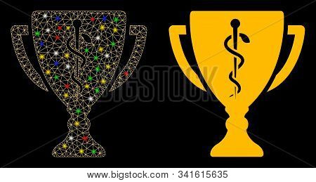 Glossy Mesh Medical Prize Cup Icon With Sparkle Effect. Abstract Illuminated Model Of Medical Prize 