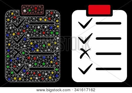 Flare Mesh Task List Icon With Sparkle Effect. Abstract Illuminated Model Of Task List. Shiny Wire C