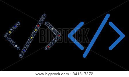 Flare Mesh Html Code Icon With Glow Effect. Abstract Illuminated Model Of Html Code. Shiny Wire Carc