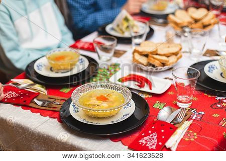 A Christmas Meal In The Family Is Served With Piftie Or Racitura. Galantine Aspic For Christmas And