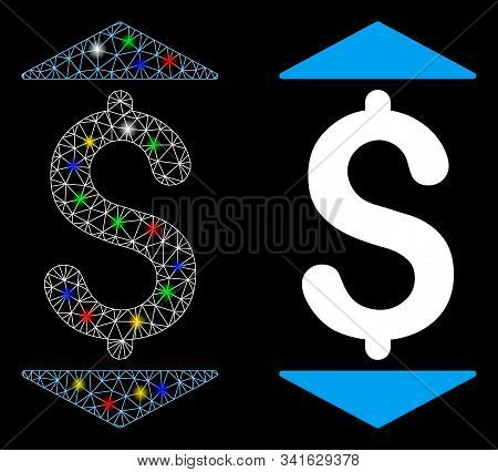 Flare Mesh Dollar Up Down Icon With Glare Effect. Abstract Illuminated Model Of Dollar Up Down. Shin