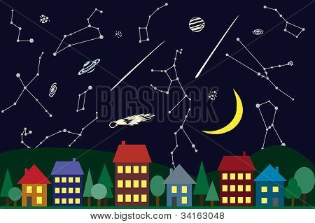 Illustratie van de nachtelijke hemel boven de stad