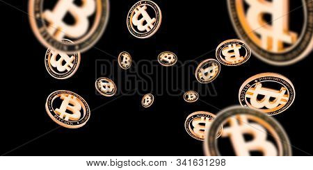 Bitcoin Mining Isolated On Black Background. Gold Falling Cryptocash. Litecoin, Ethereum Cryptocurre