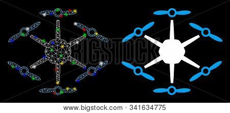 Glowing Mesh Hexacopter Icon With Glow Effect. Abstract Illuminated Model Of Hexacopter. Shiny Wire 