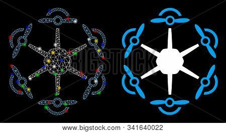 Glowing Mesh Flying Hexacopter Icon With Lightspot Effect. Abstract Illuminated Model Of Flying Hexa