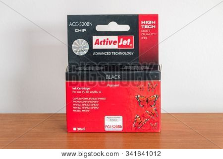 Pruszcz Gdanski, Poland - November 28, 2019: Activejet Acc-520bn Black Ink Cartridge Fox Canon Print