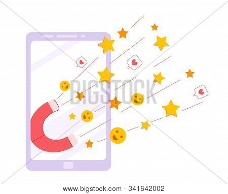 Client Feedback Concept, Phone Screen And Giant Magnet Ccollecting Customers Review And Feedbacks, O