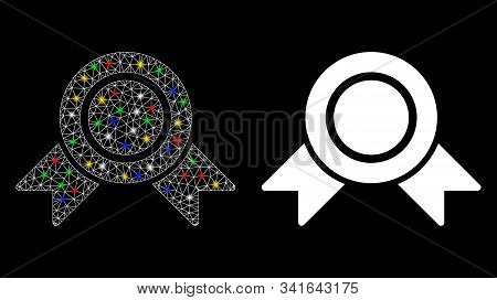 Glowing Mesh Honour Medal Icon With Glitter Effect. Abstract Illuminated Model Of Honour Medal. Shin