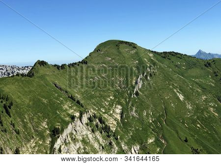 Alpine Mountain Peak Tierberg Above The Wagital Valley Or Waegital And Lake Wagitalersee (waegitaler