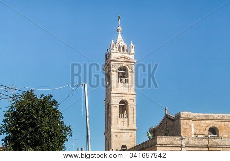 Jerusalem, Israel, December 28, 2018 : St. Nicholas Church Bell Tower In Bay Jala - A Suburb Of Beth