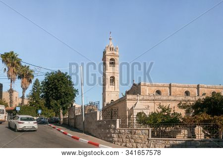 Jerusalem, Israel, December 28, 2018 : St. Nicholas Church Bell Tower In Bay Jala - A Suburb Of Beth