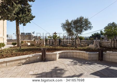 Jerusalem, Israel, December 28, 2018 : Courtyard Cemetery Of The St. Nicholas Church In Bay Jala - A