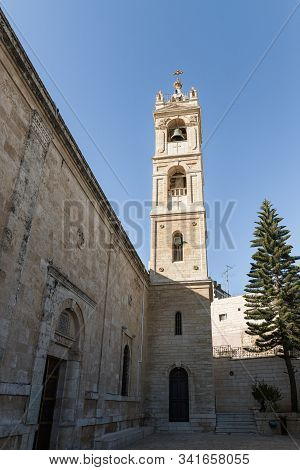 Jerusalem, Israel, December 28, 2018 : St. Nicholas Church Bell Tower In Bay Jala - A Suburb Of Beth