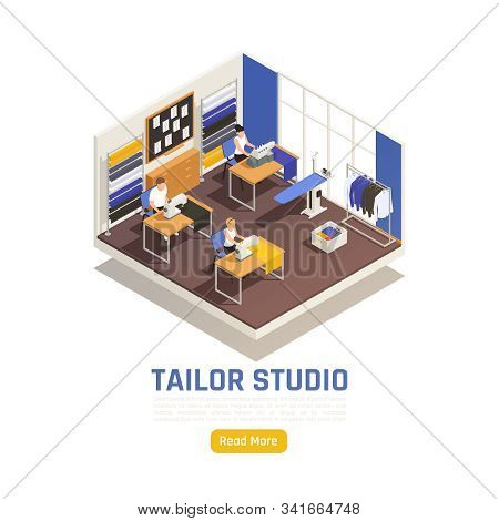 Fashion Atelier Studio Interior Isometric Composition With Dressmakers Working At Sewing Machines Ta