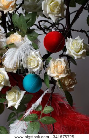 Roses. Holiday flower. China New Year. Red and blue ball. White rose