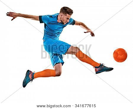 one caucasian youg soccer player man standing in studio isolated on white background