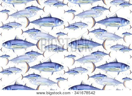 Striped tuna, skipjack tuna seamless pattern, school of fishes. Watercolor wrapping on white background
