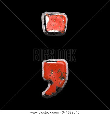 Symbol semicolon made of red painted metal isolated on black background. 3d rendering