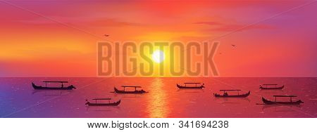 Bali Fisherman Boats In Calm Ocean At Red Sunset Background, Vector Kuta Beach Illustration