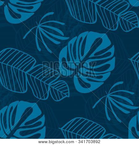 Blue Tropical Leaves Pattern. Tropical Seamless Pattern With White Leaves Of Monstera, Banana And Pa