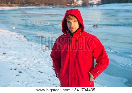 Active Rest. Travel And Expedition Concept. Man In Parka. Winter Male Fashion. Warm Clothes For Cold