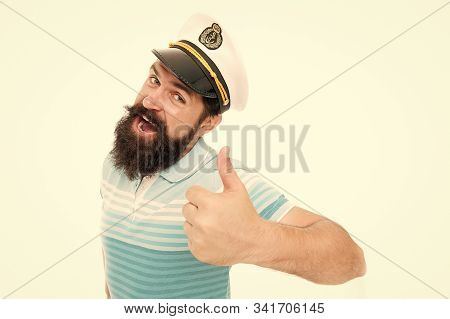 Summer Vacation. Hipster Beard Mustache Sailor Hat. Captain Of Cruise Liner. Brutal Seaman Isolated 