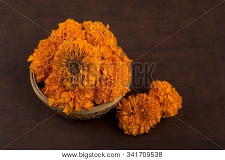 Marigold (zendu Flowers) Flowers In A Bamboo Basket.