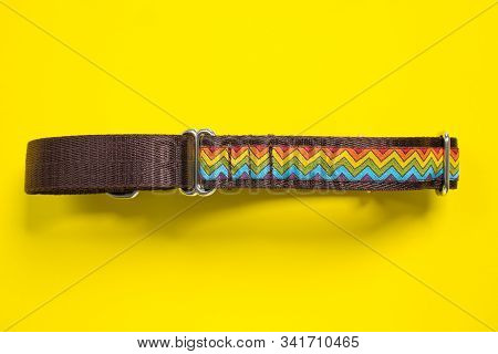 Top View  сolorful Dog Collar And Leash From Silky Tape, One Side Is Brown. Close Up, Yellow Backgro