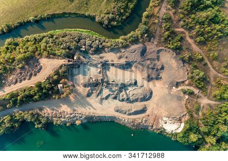 Basalt Production In Ukraine, Picturesque Aerial View Of Basalt Columns.